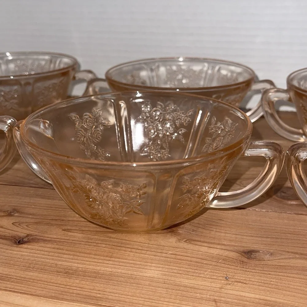 1930's Federal Pink Glass Cabbage Rose Set of 6 Dessert Bowls & Plates  VINTAGE